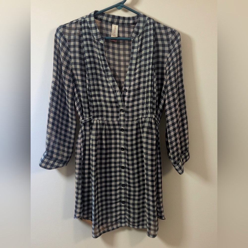 Black & Green Checkered Button-Up Dress, Size Medium Plaid Long Sleeve Fall Mini